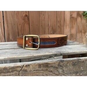 Vintage Levi's Brown/Denim Tooled Leather Belt size 36 Made in USA